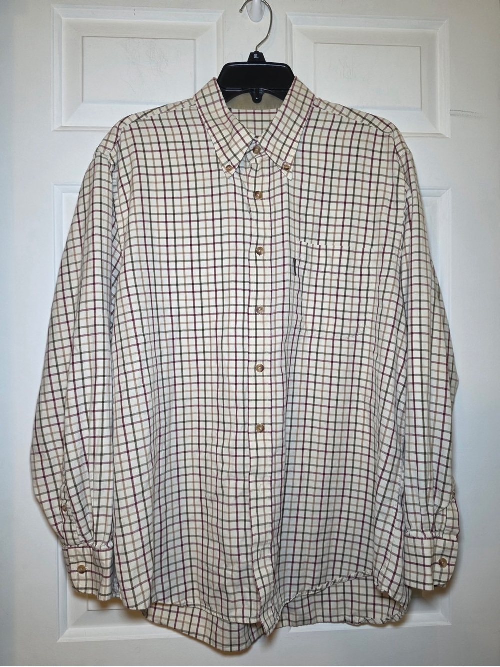 Barbour Men’s LARGE Plaid Long Sleeve Button-Down Button-Up Shirt Ivory Burgundy